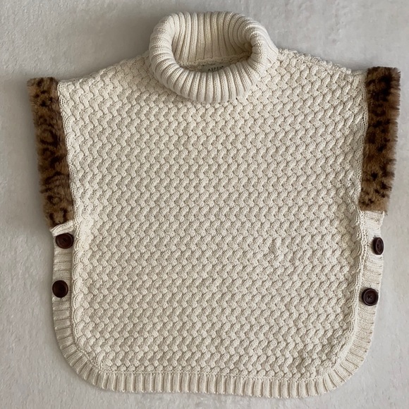 Aspen Kids | Leopard Faux Fur Trim Turtleneck Sweater Knit Poncho Cape (L 10/12) - Picture 1 of 16
